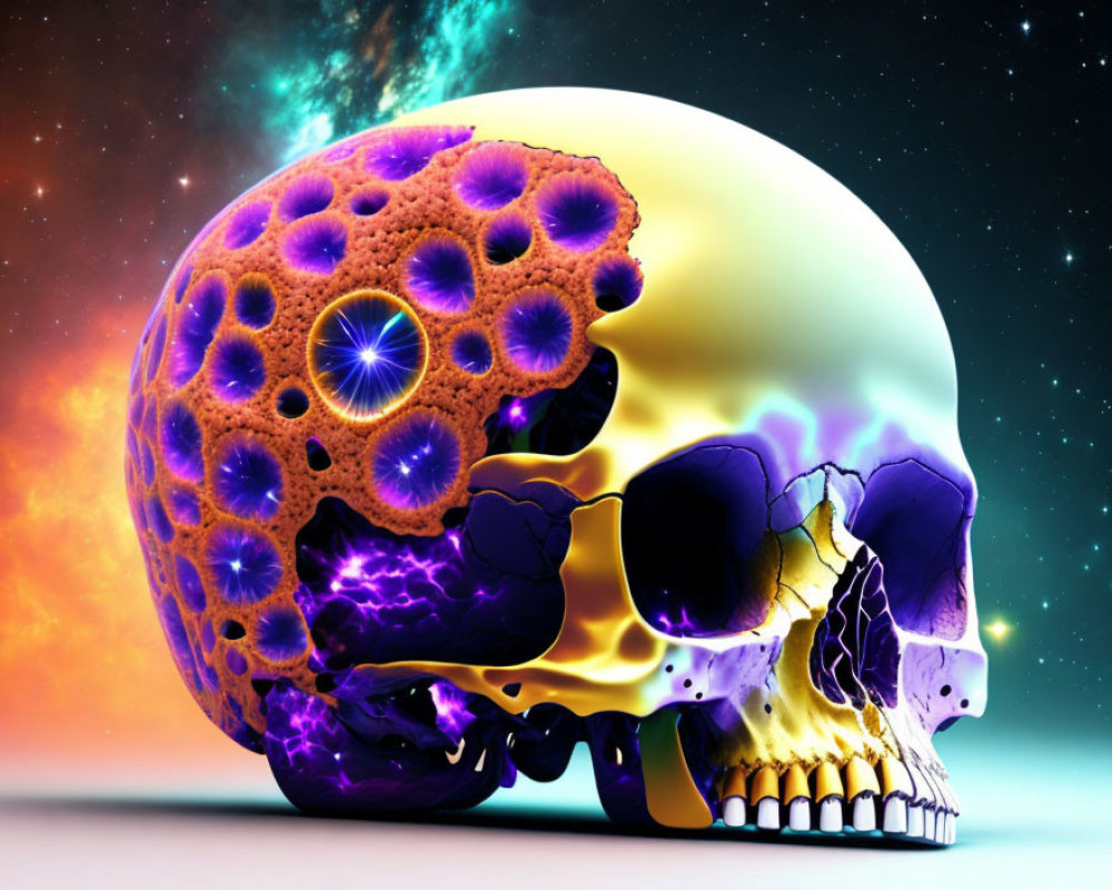 Vibrant digital artwork: human skull split between cosmic nebula and golden energy on starry background