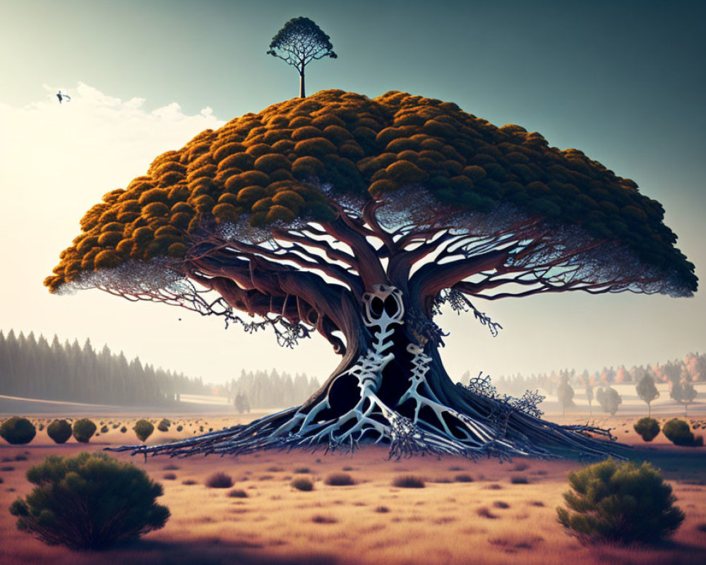 Majestic fantasy tree with skeleton-like trunk and glowing orange foliage in serene dusk landscape