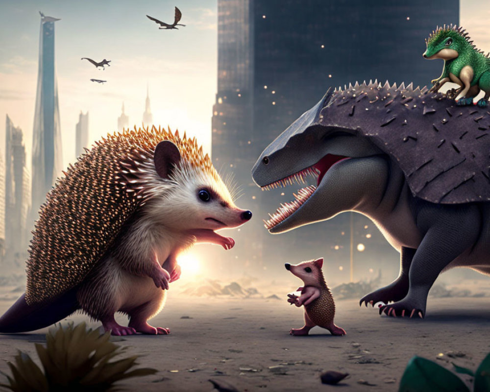 Giant hedgehog faces dinosaur in futuristic cityscape with smaller creatures and birds.