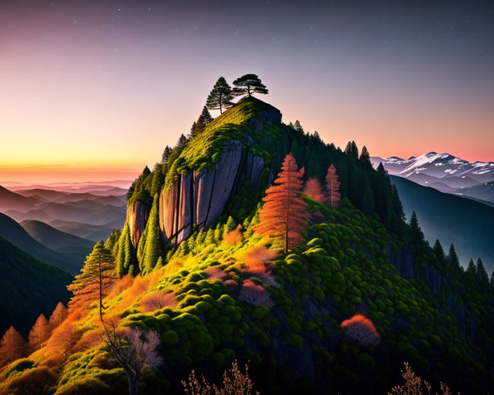 Twilight scene over lush mountains with vibrant trees