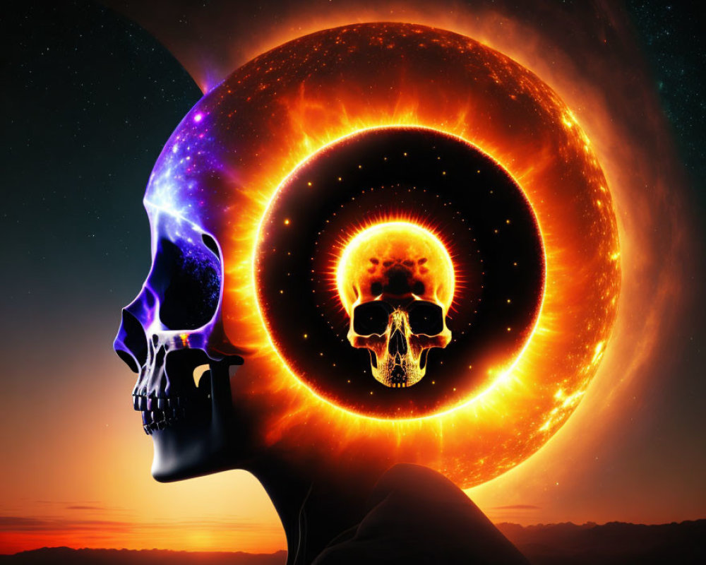 Surreal human skull overlay on fiery eclipse with starry sky background
