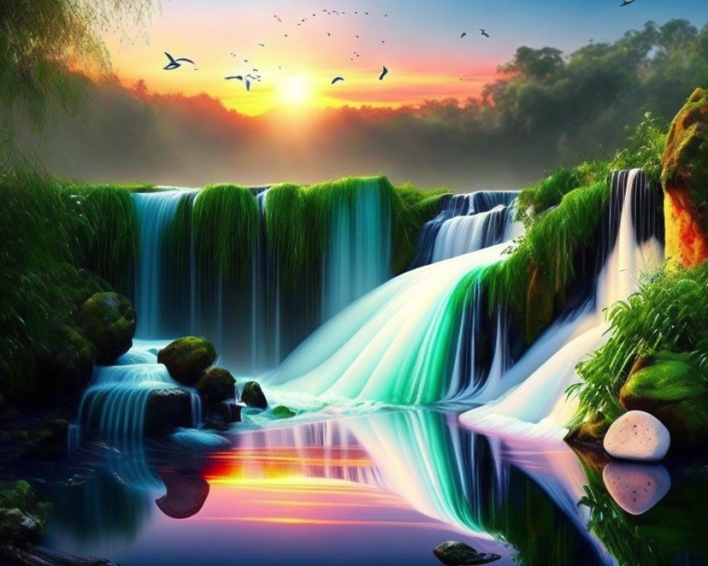 Scenic waterfall with lush greenery, rocks, and colorful sunset reflection