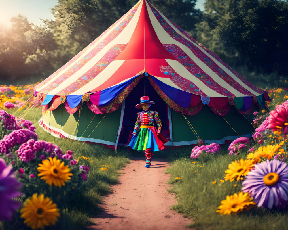 Colorful clown in vibrant costume at festive circus tent amid multicolored flowers