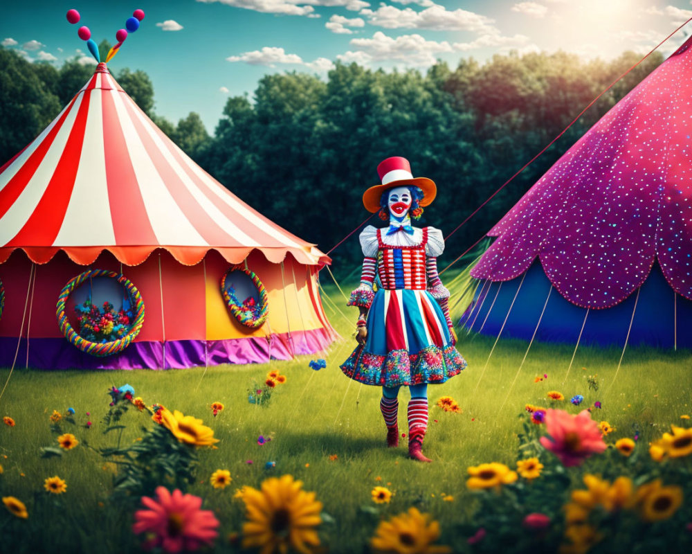 Colorful clown with red nose in flower field near circus tents under blue sky