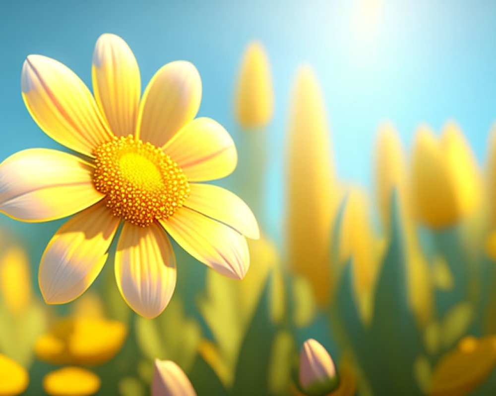 Bright yellow flower stands out in blurred tulip field under blue sky