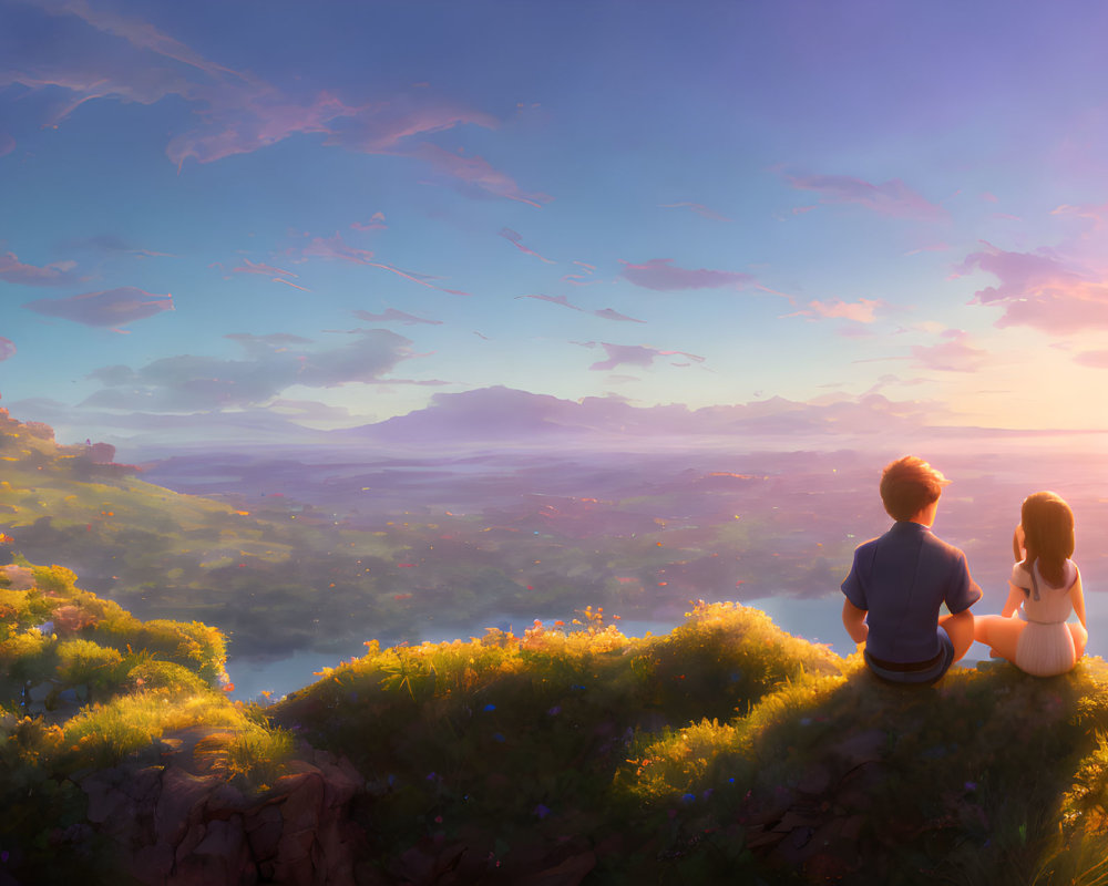 Two people on hilltop gaze at sunlit landscape with distant mountains and pink clouds.