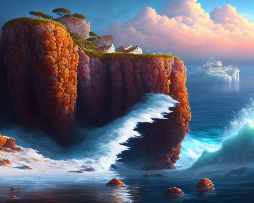 Cliff with houses, trees, ocean wave, boat - Coastal Landscape Scenery