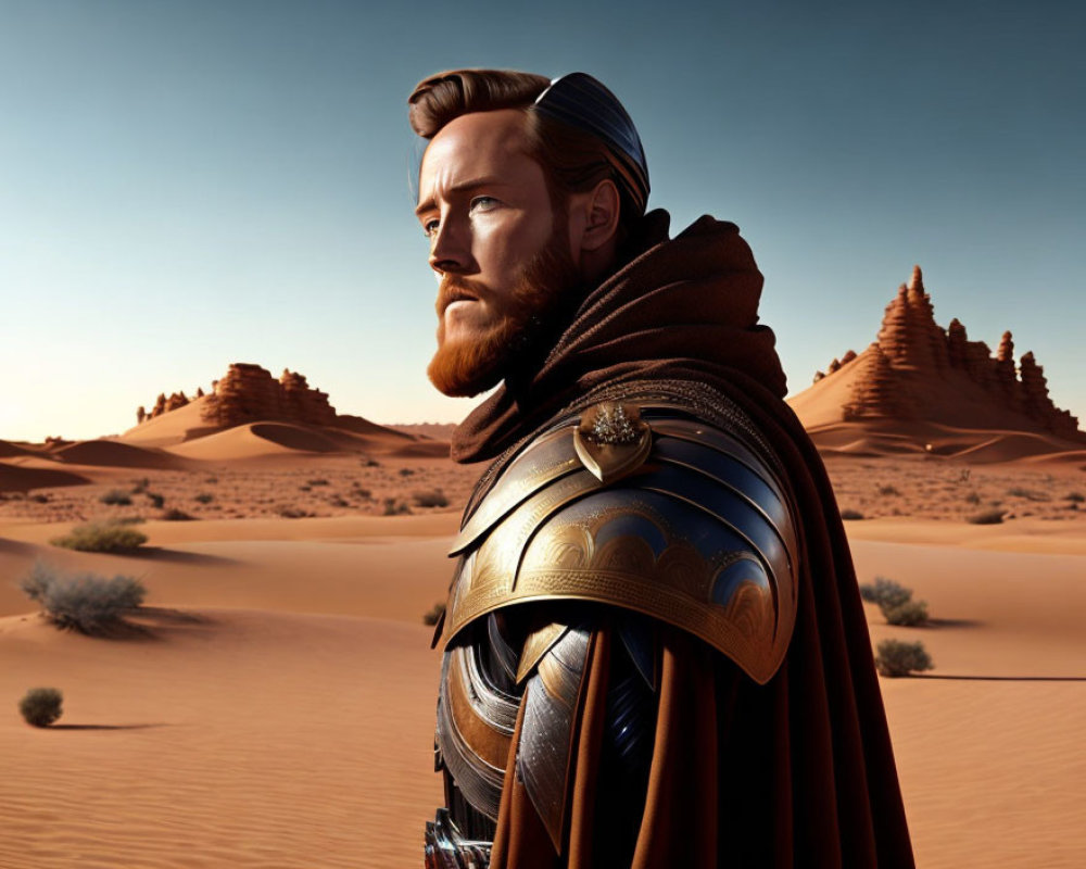 Bearded man in medieval armor in desert landscape