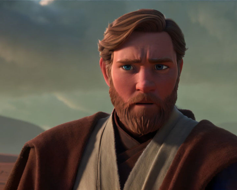 Animated male character with a beard in close-up against clouds and desert backdrop