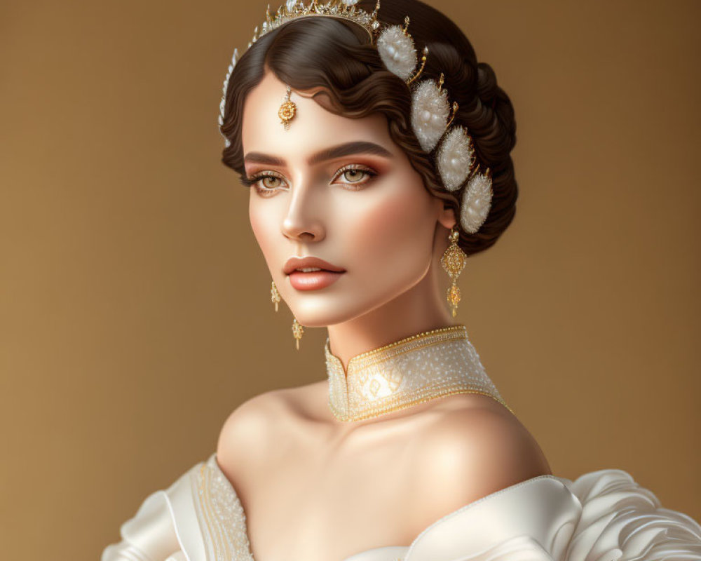Elegant woman portrait with tiara, earrings, and nose piece on beige background
