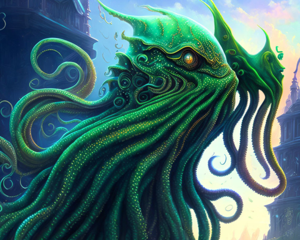 Majestic green creature with tentacles in fantasy setting