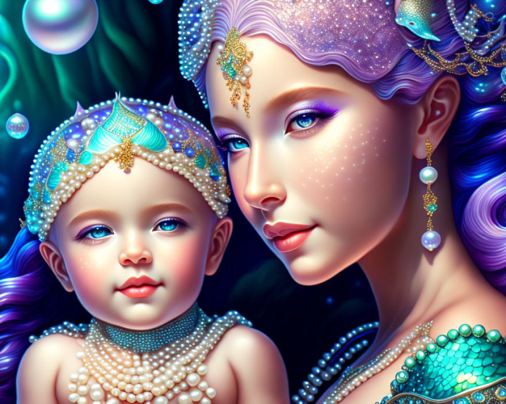 Woman and Child Illustration with Ornate Headdresses and Vibrant Hues