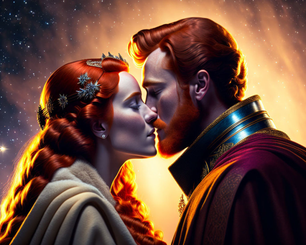 Fantasy-themed characters in close moment under starlit sky