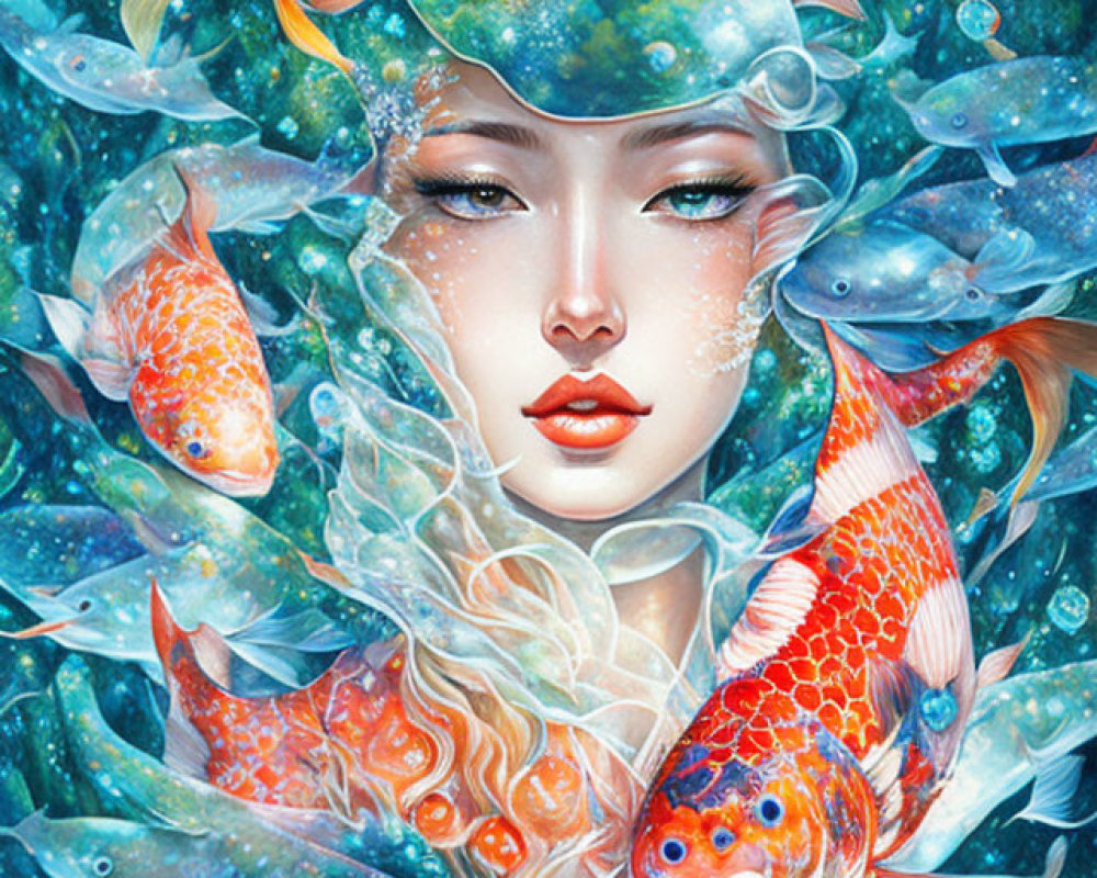 Stylized painting of woman's face with koi fish and aquatic elements