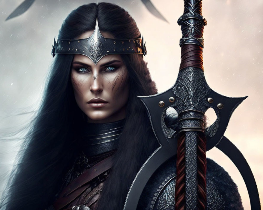 Warrior woman with double-bladed axe in ornate armor & helmet