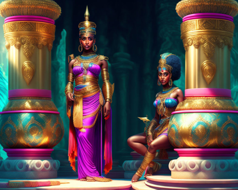 Stylized characters in traditional attire in opulent, ancient setting