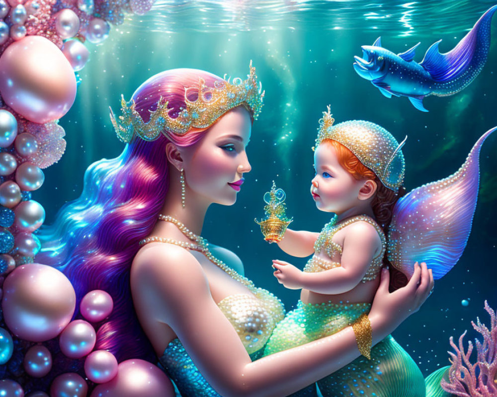 Colorful Underwater Scene with Two Mermaids and Marine Life