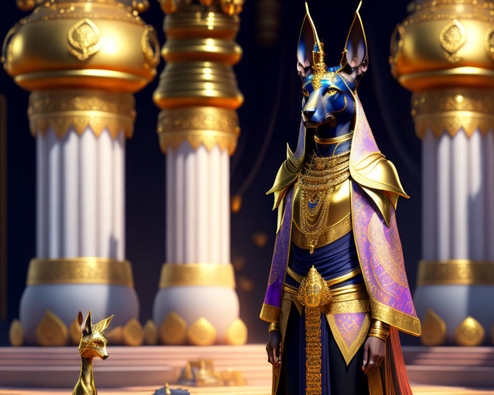 Blue jackal-headed figure in golden armor beside jackal statue, ornate background.