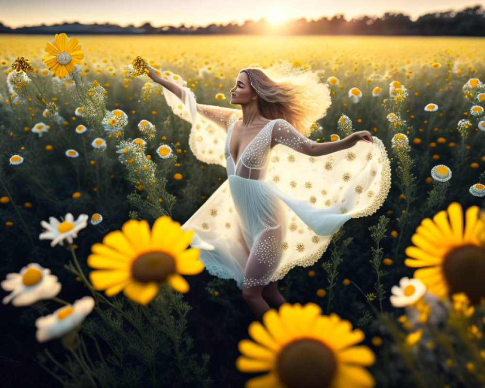 Woman twirls in white dress among blooming sunflowers at sunset