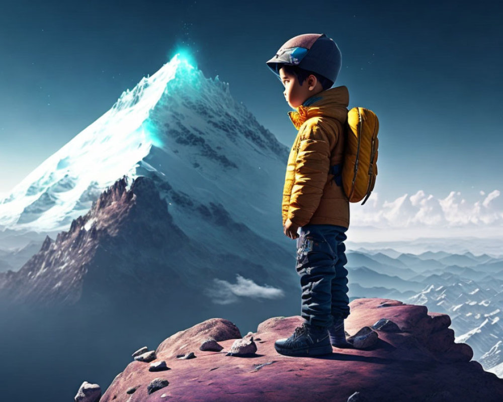 Child with helmet and backpack gazes at snowy mountain peak