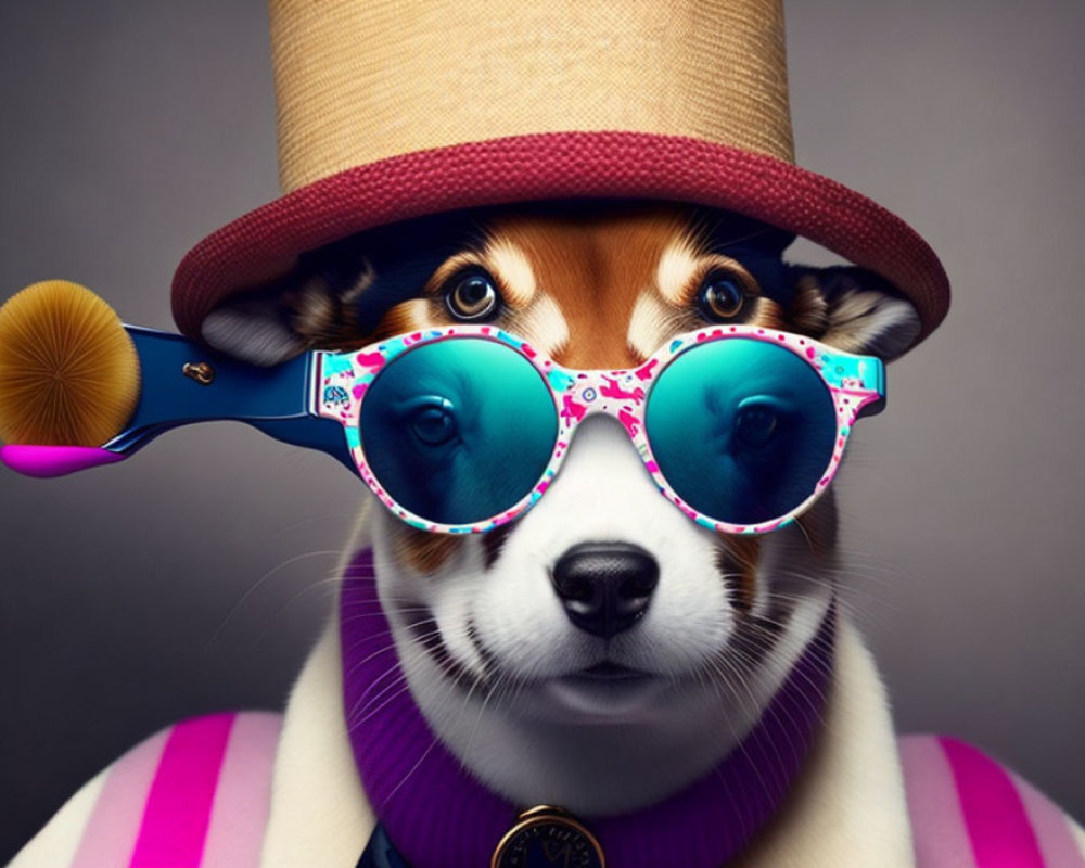 Dog in Top Hat and Sunglasses with Makeup Brush, Striped Outfit - Gray Background