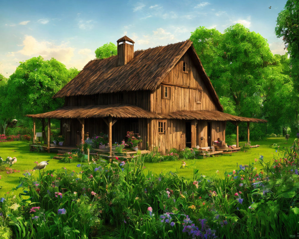 Scenic wooden house in greenery with birds and flowers