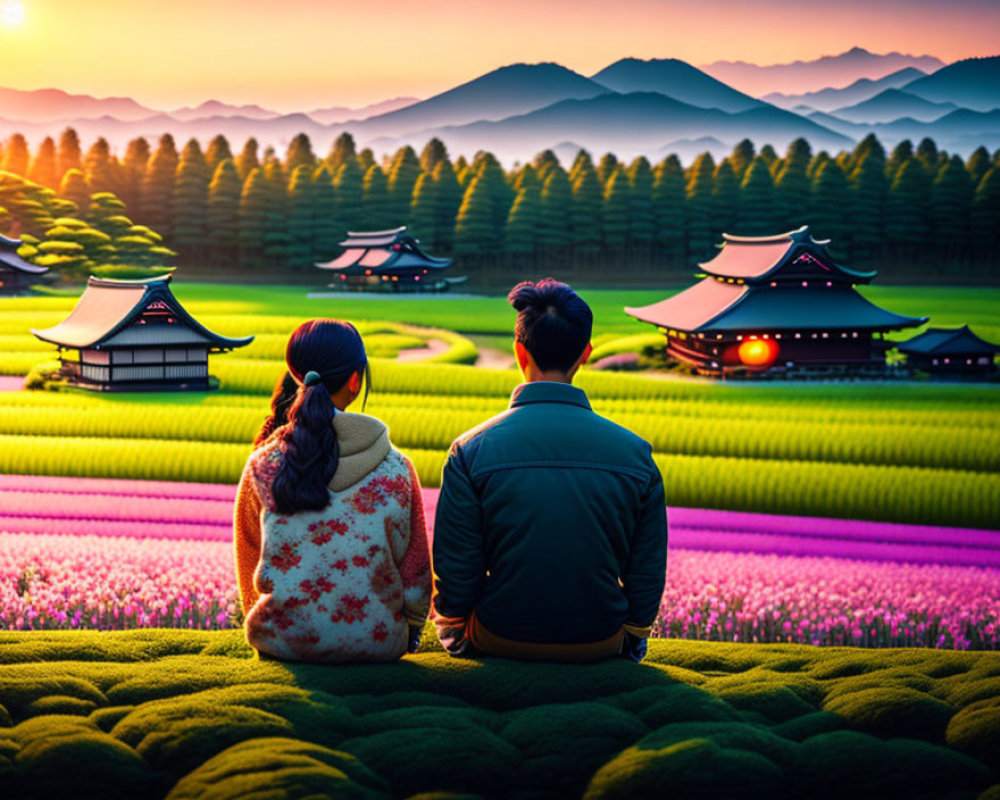 Sunset over colorful flower field with Asian-style buildings