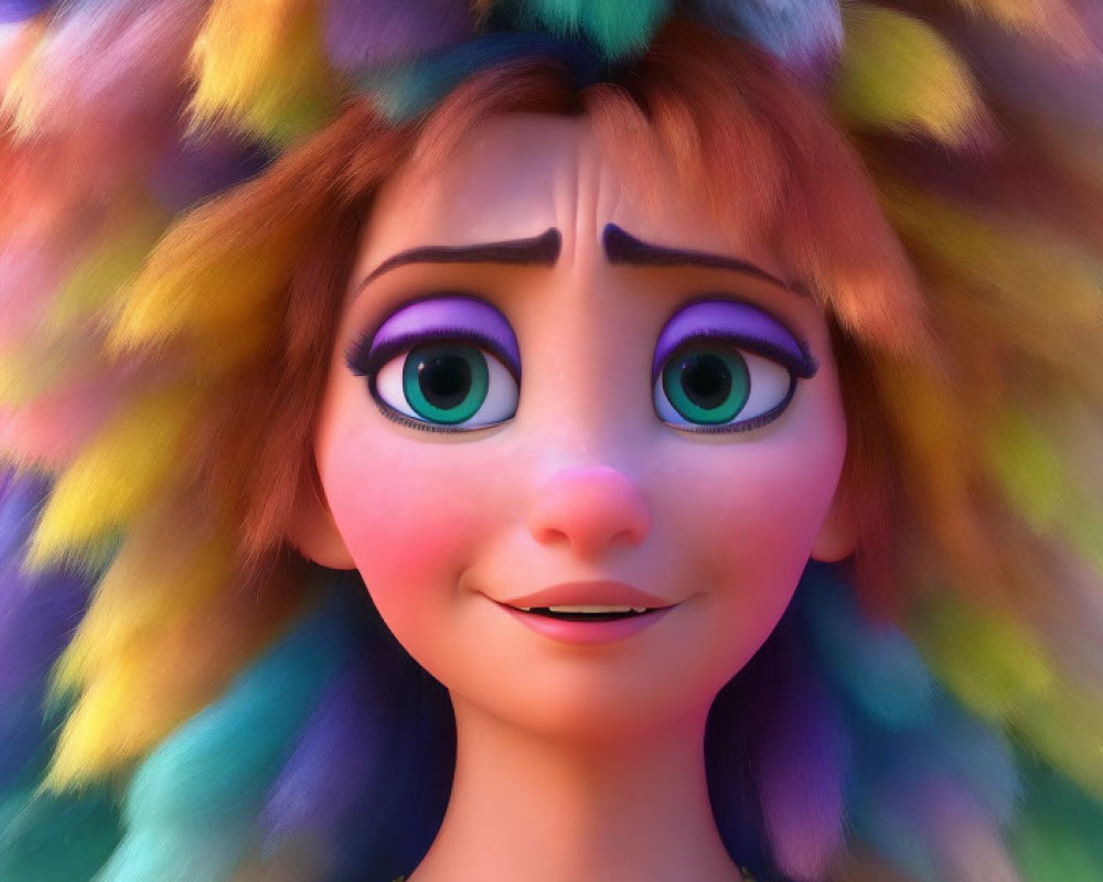 Detailed Close-Up of Animated Female Character with Large Purple Eyes and Colorful Feather Headdress