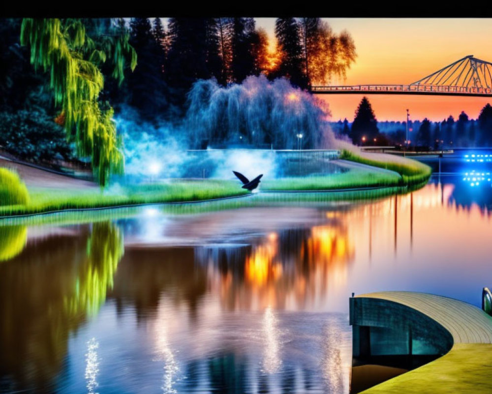Tranquil lake scene with bird in flight, illuminated bridge, and misty ambiance