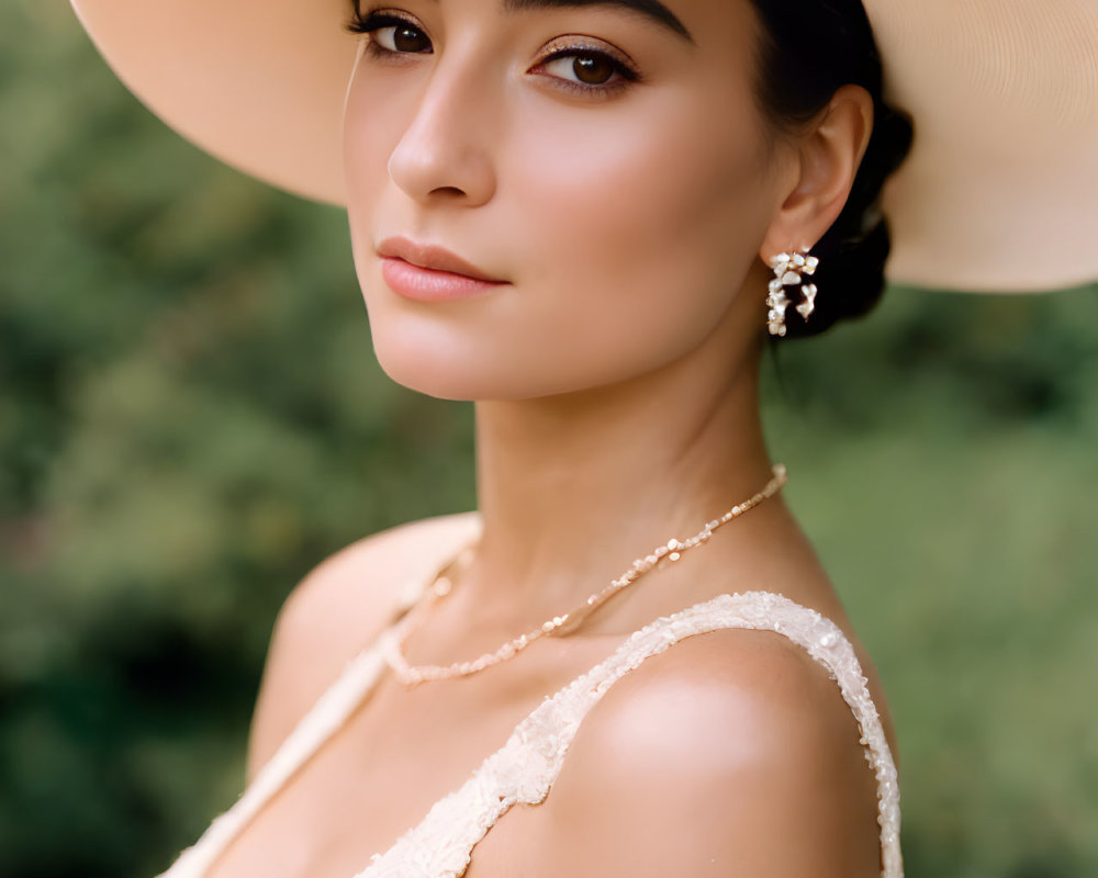 Elegant woman in wide-brimmed hat and lace dress poses against green backdrop