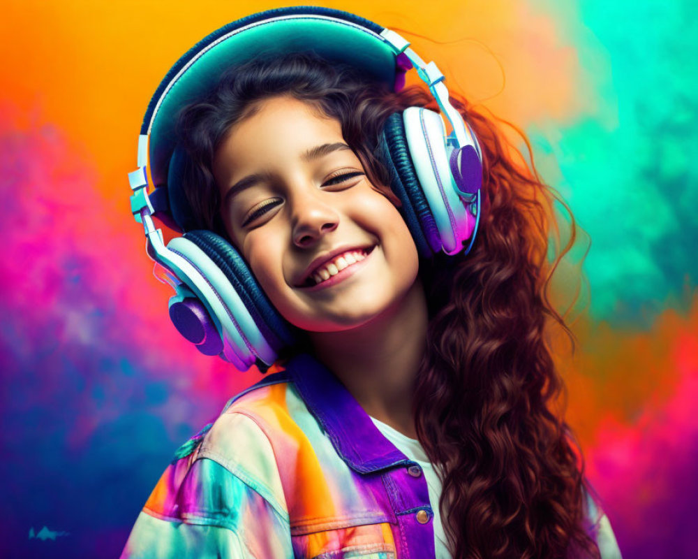 Curly-Haired Girl in Colorful Headphones Smiling