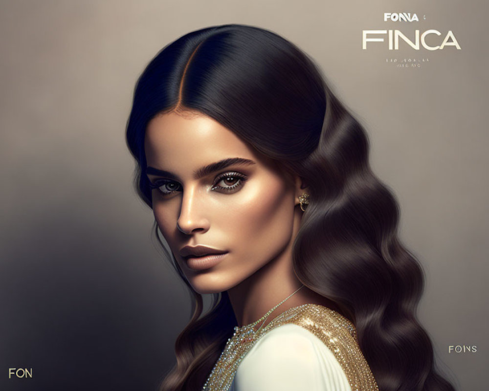 Stylish woman with sleek hair and striking makeup in glittery outfit on warm background