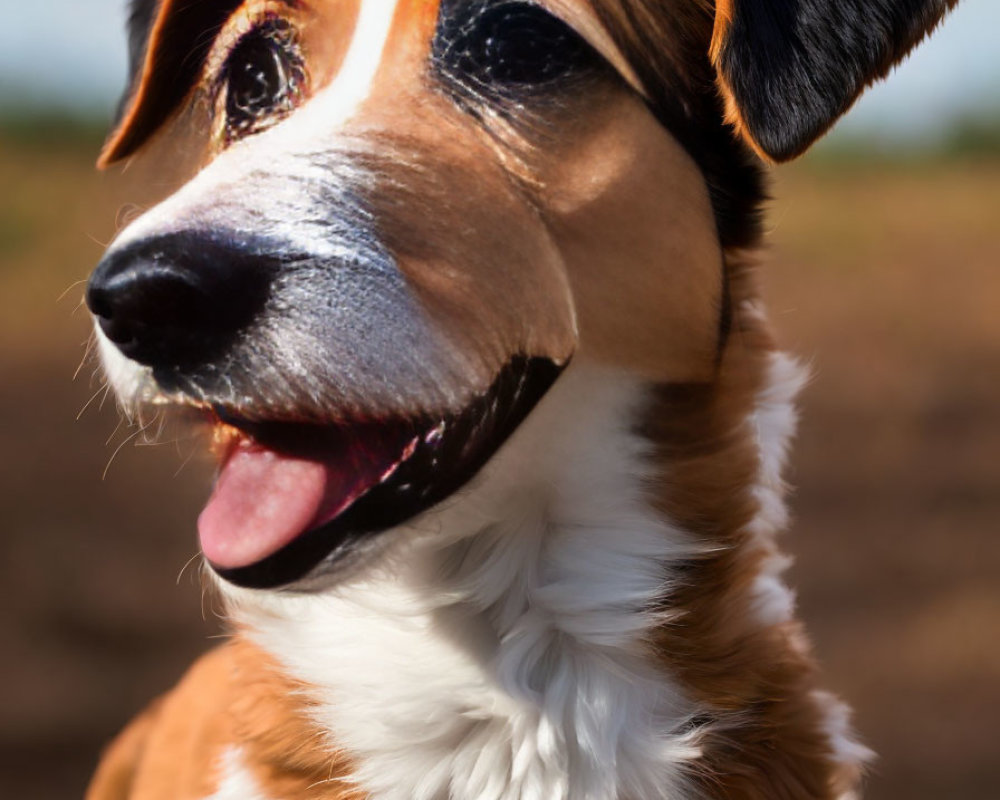 Happy brown and white dog with floppy ears and shiny coat in close-up shot.