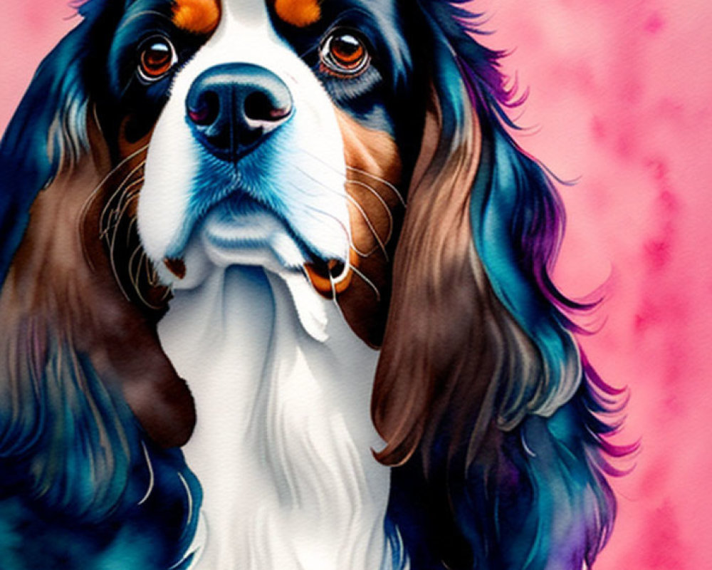 Colorful Cavalier King Charles Spaniel with soulful eyes on pink backdrop