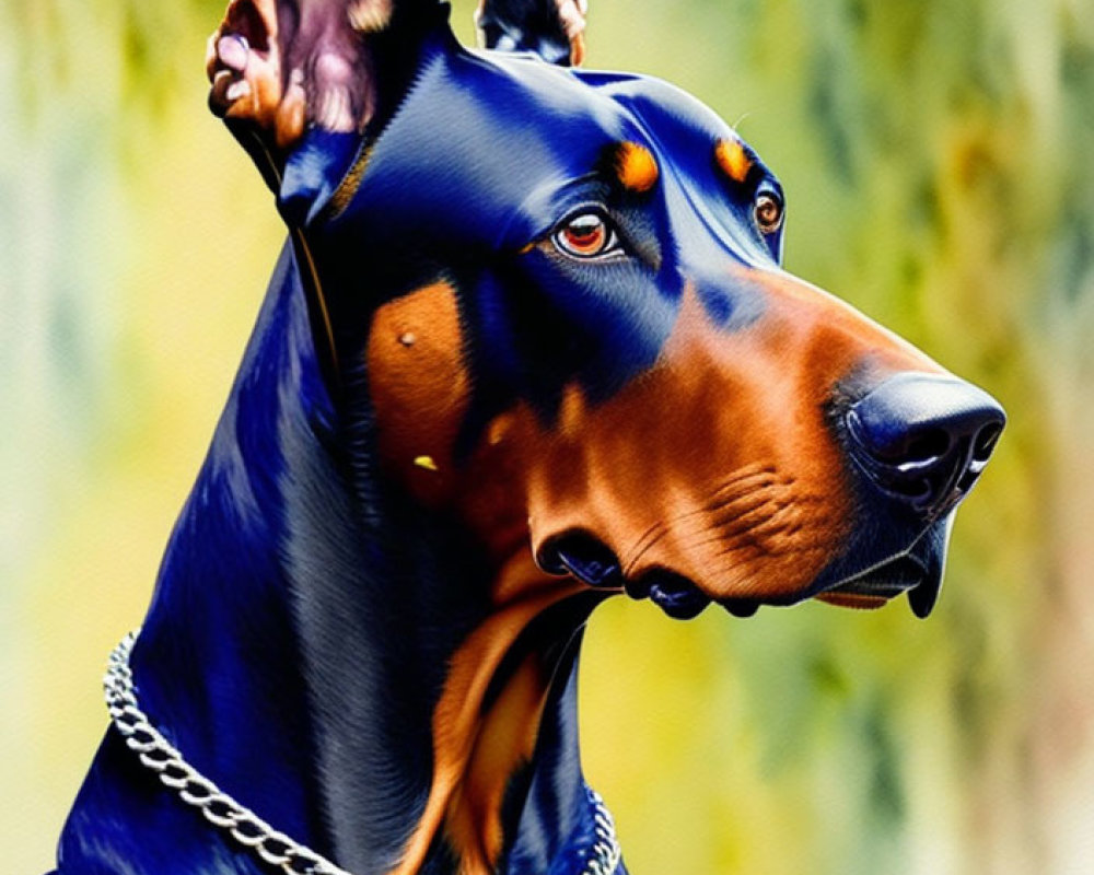 Doberman Pinscher portrait with erect ears and chain collar on blurred yellow-green background