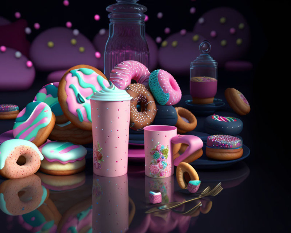 Colorful donuts, sprinkle cups, and candy jar on dark background