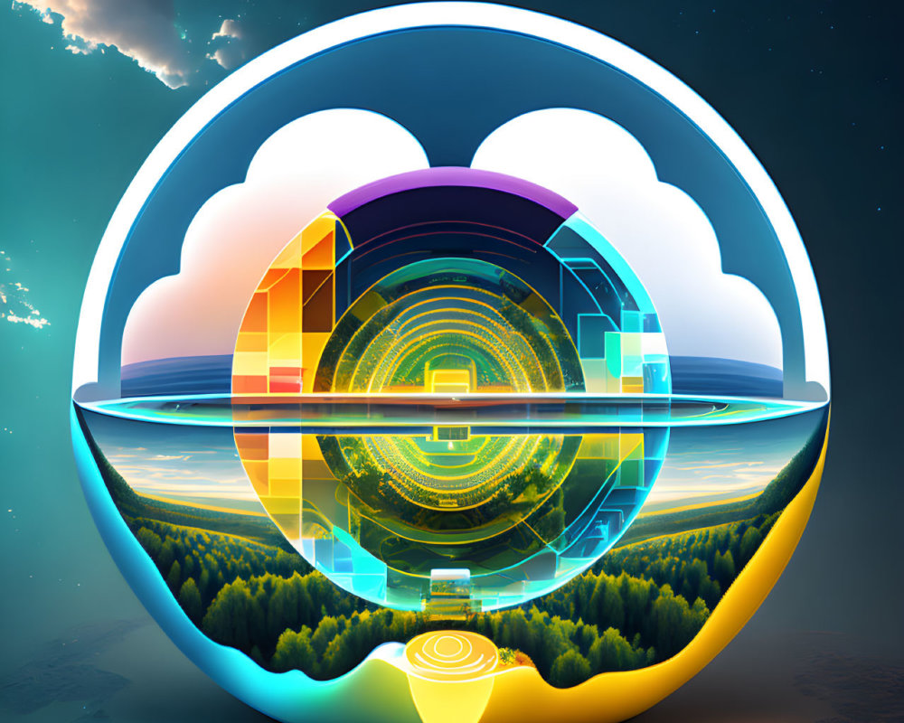 Spherical futuristic city floating over water landscape at sunset