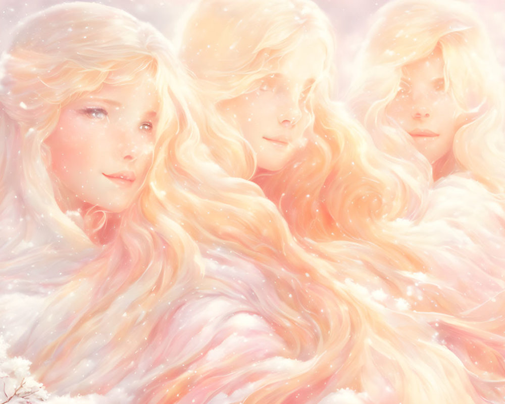 Three women with flowing hair in pink snowy landscape