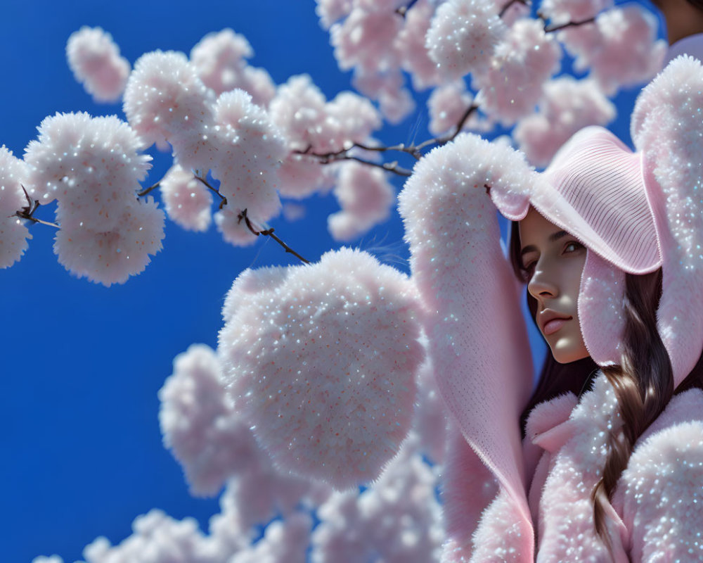 Woman in Pink Hat Surrounded by Cherry Blossoms and Blue Sky