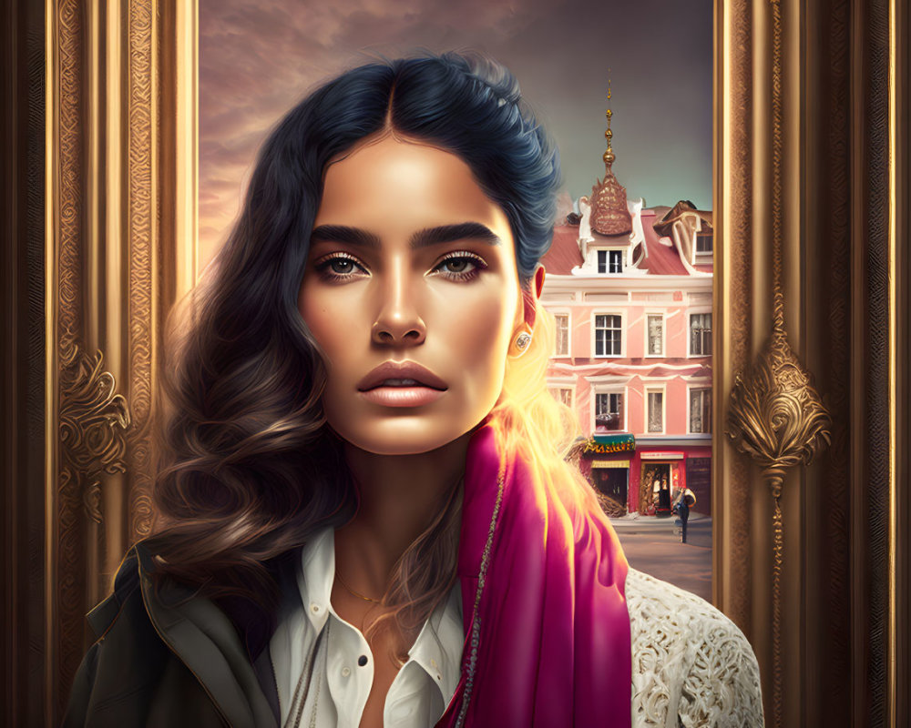 Digital portrait of woman with blue ombré hair and pink scarf against European-style buildings in ornate