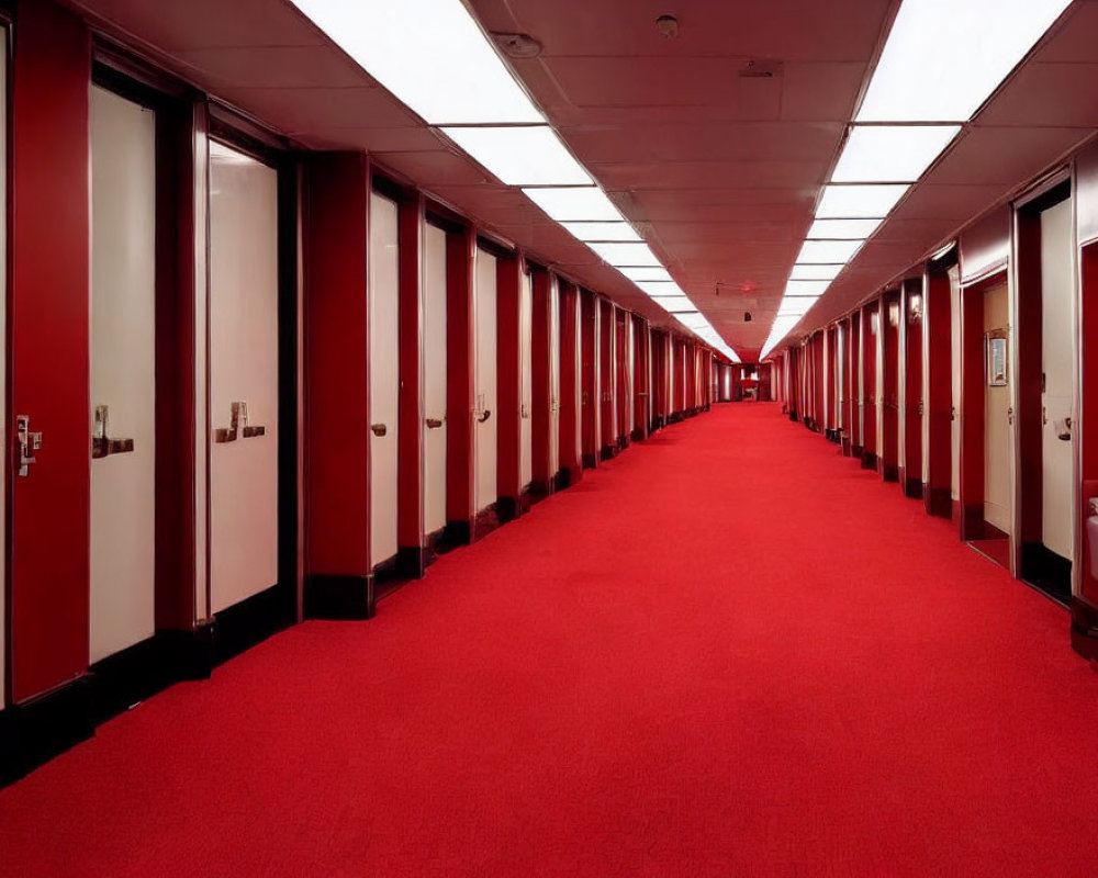 Red carpeted corridor with white walls and closed doors vanishing in the distance