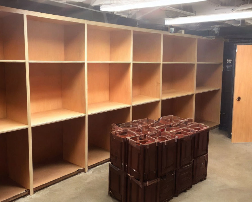 Wooden shelving units and brown plastic crates in empty room