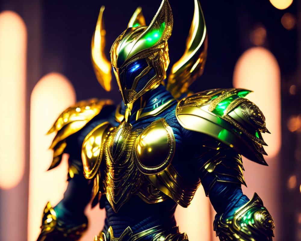 Regal figure in golden armor with green accents on blurred warm background