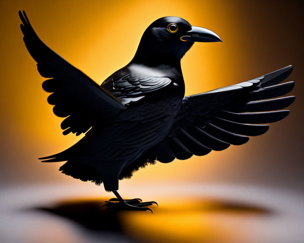 Black bird with outstretched wings on one leg against warm orange background