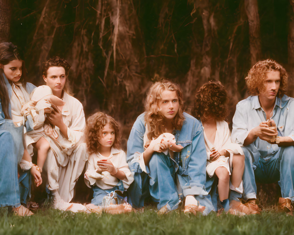 Young People in Casual Attire Sitting on Grass with Small Animals amid Dense Foliage