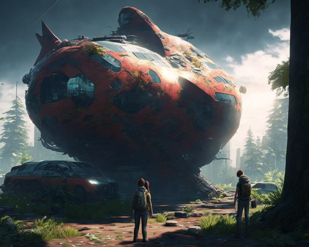 Futuristic crashed spaceship in lush forest clearing