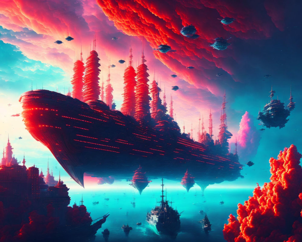 Futuristic sci-fi landscape with skyscrapers and spacecraft in dramatic sky