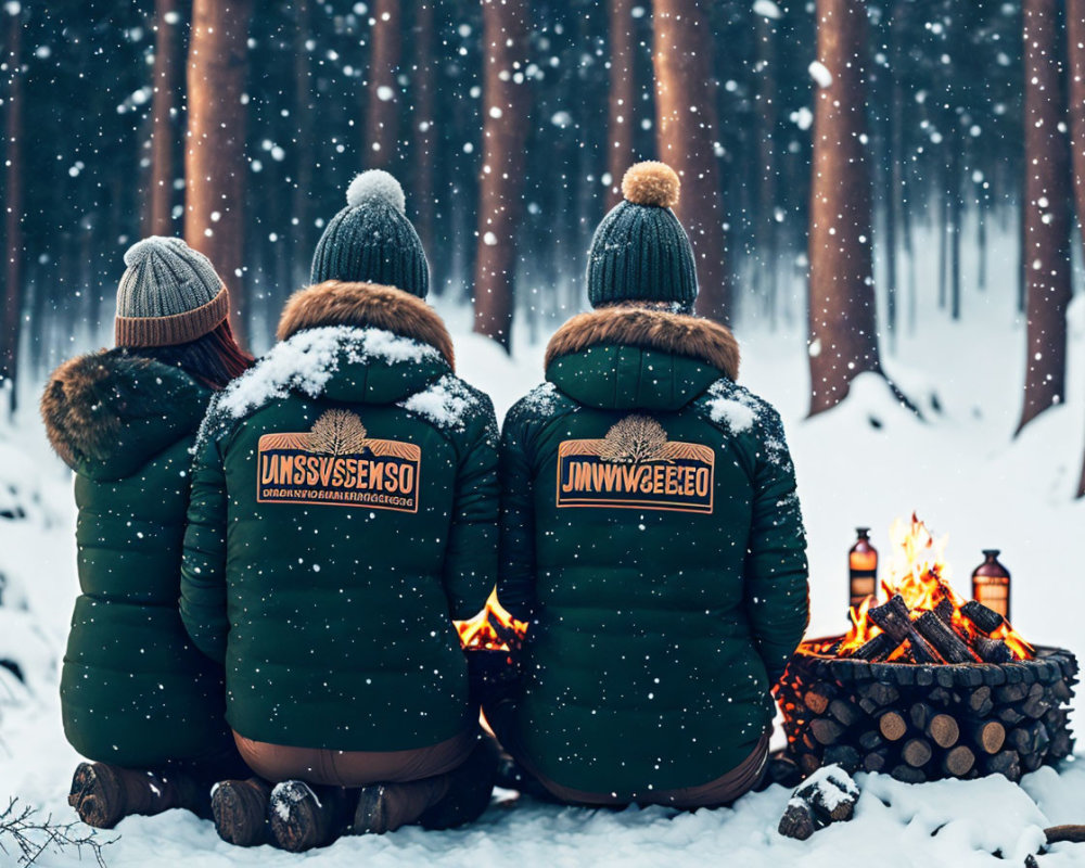Three people in winter jackets and beanies sitting on a log in snowy forest with campfire.