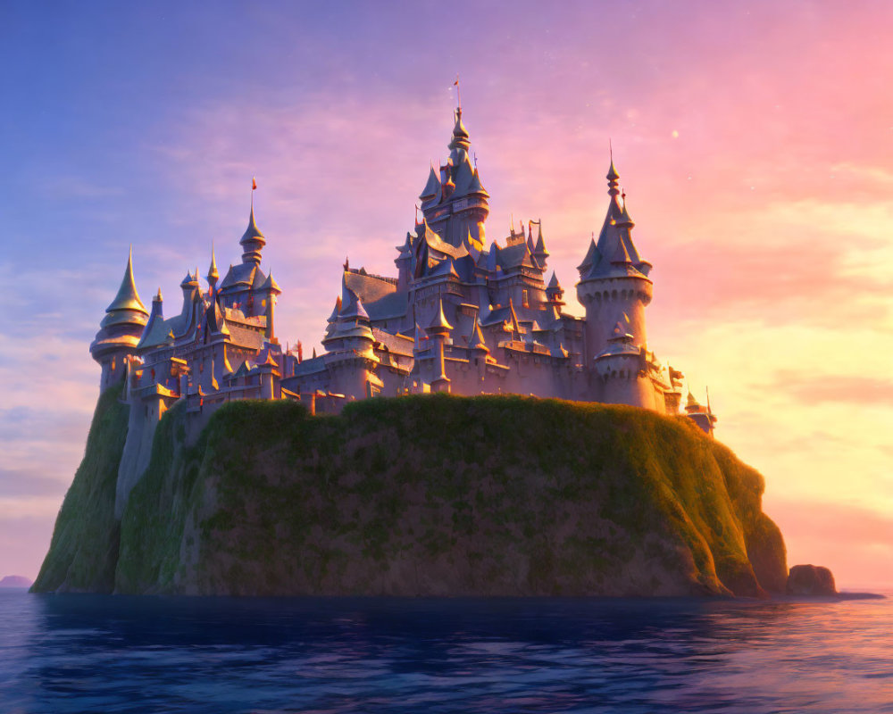 Fairytale castle with multiple spires on lush green island at sunset