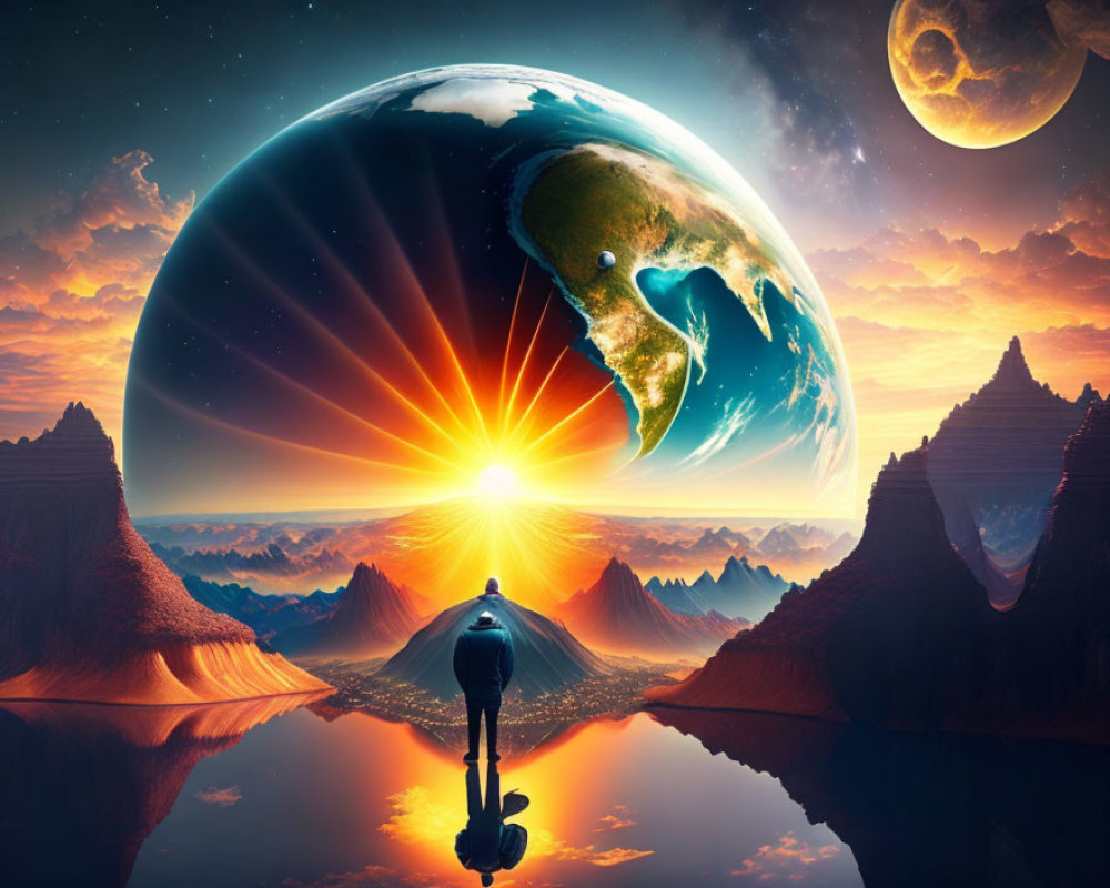 Figure on rocky outcrop gazes at Earth rising above horizon in surreal scene